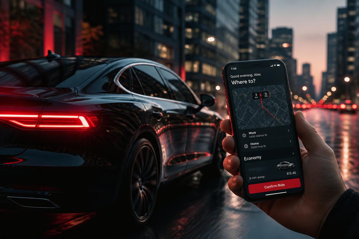 Carro em rua urbana ao entardecer com celular exibindo app de mobilidade