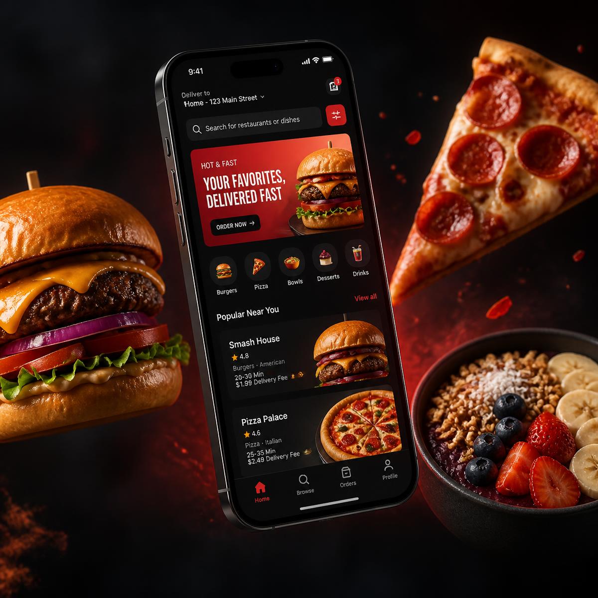 Aplicativo AiPede Delivery aberto em um celular cercado por pratos